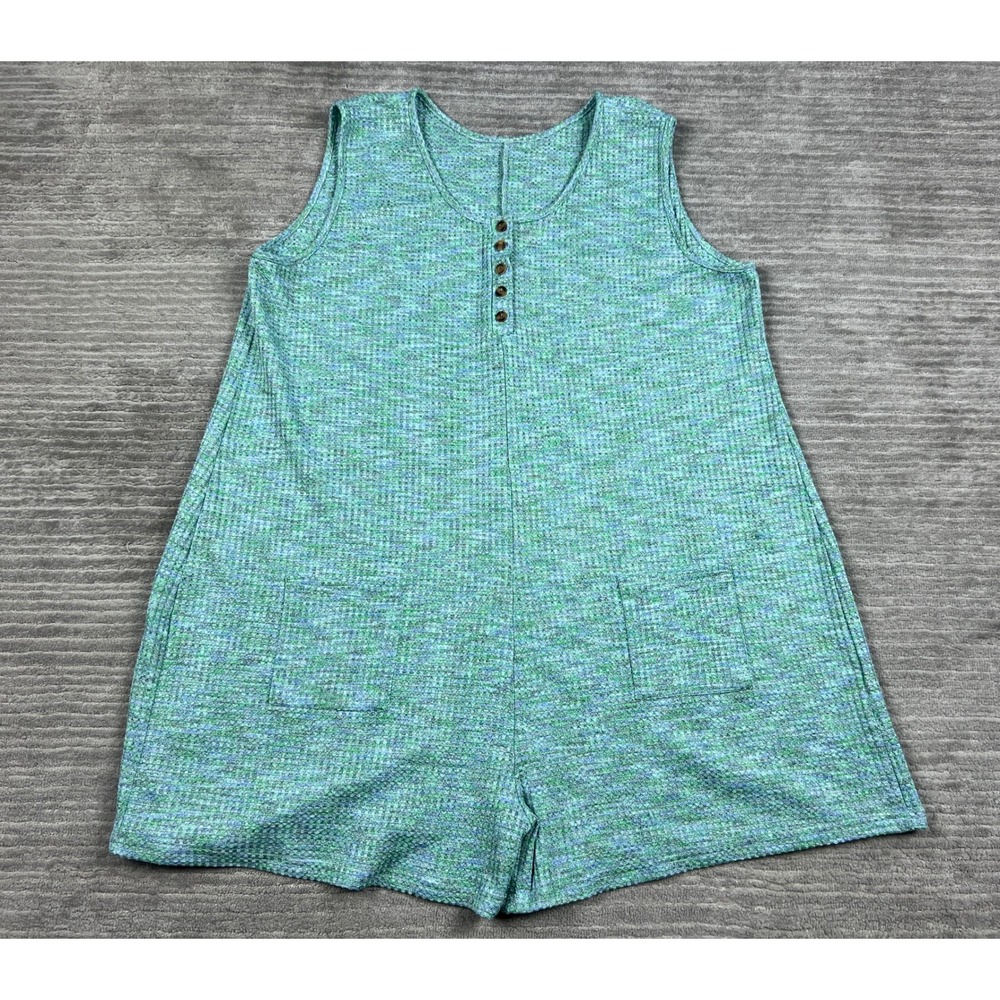 Unbranded Romper Women 4XL Green Blue Space Dye Henley Waffle Knit Pockets